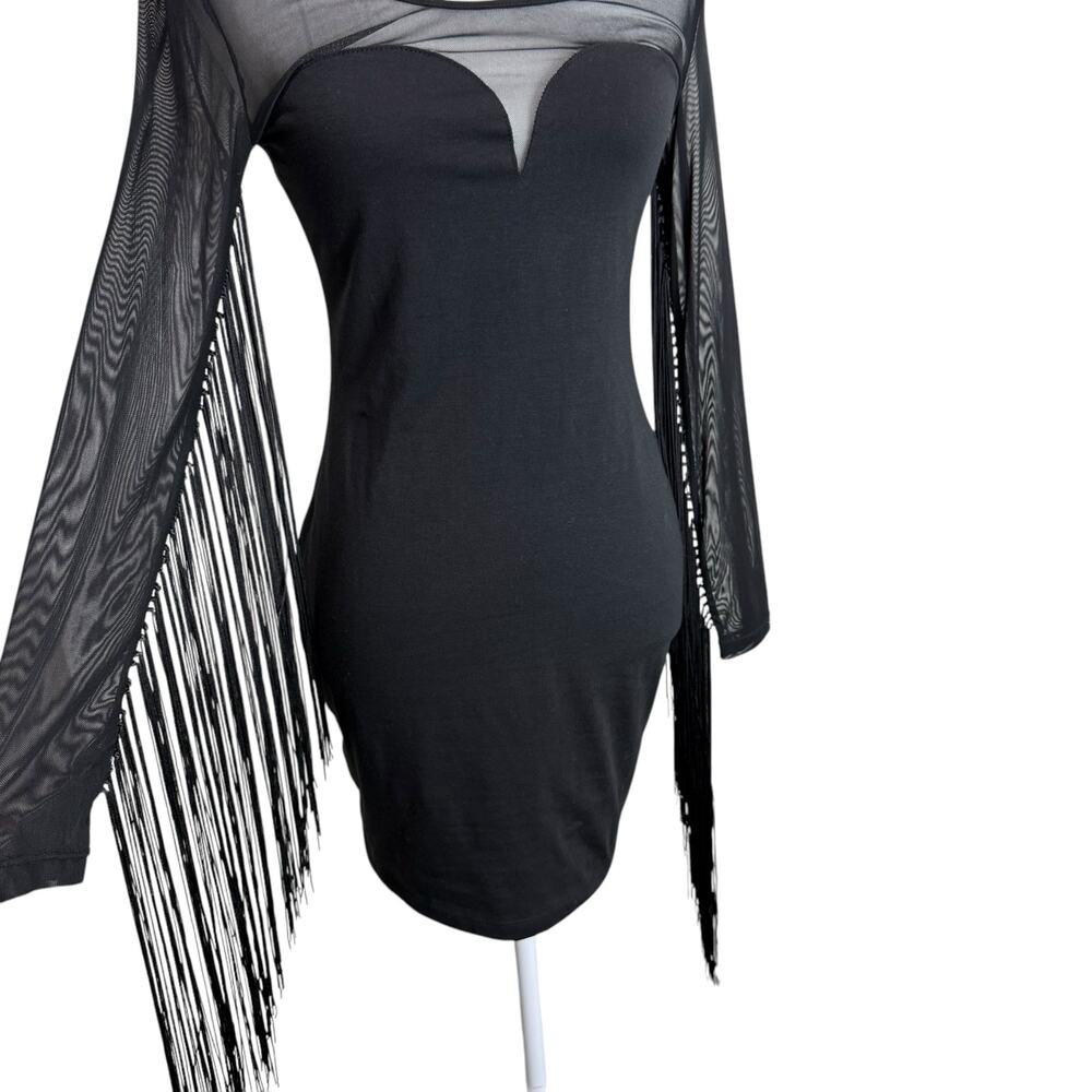 BLQ.MQT Slinky Fringe Trim Black Bodycon 
Heart Shape Mini Dress Size Medium